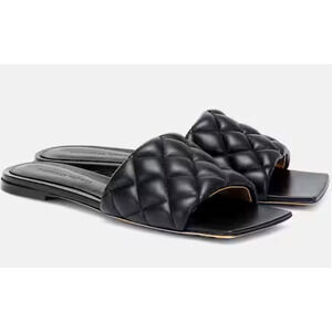 Bottega Veneta Quilted Leather Slip On Flat Slide Sandals Black Womens EU 38